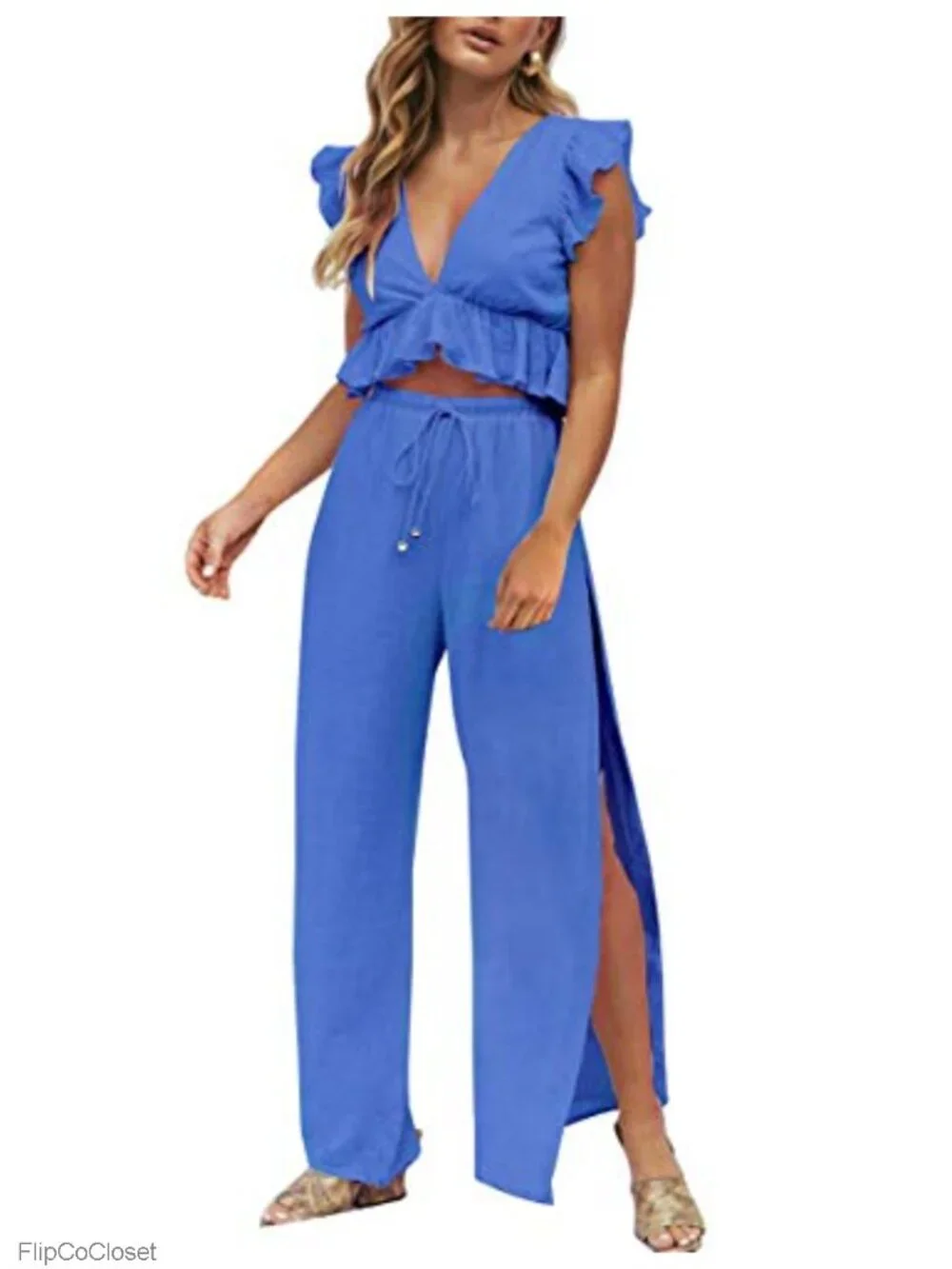 Women's 2 Piece Outfit V Neck Ruffle Crop Top Wide Leg Pants 65% Cotton 35%